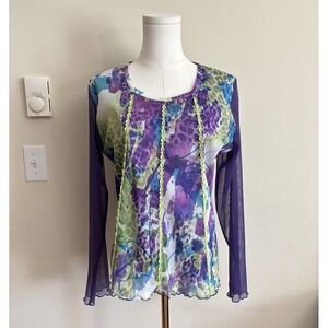Vintage Y2K Mesh Sheer Rave Top Womens 14 Large Green Purple Blue Funky Art